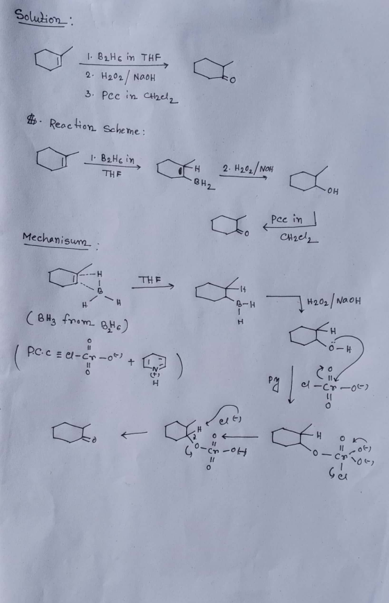 Solution: D 1. B2 HG in THE 2. H202 / NOOH 3. Pec in Chizela 4 Reaction Scheme: 1. B2 HG in 2. H20₂/NOH BH2 pee in / CHael, M