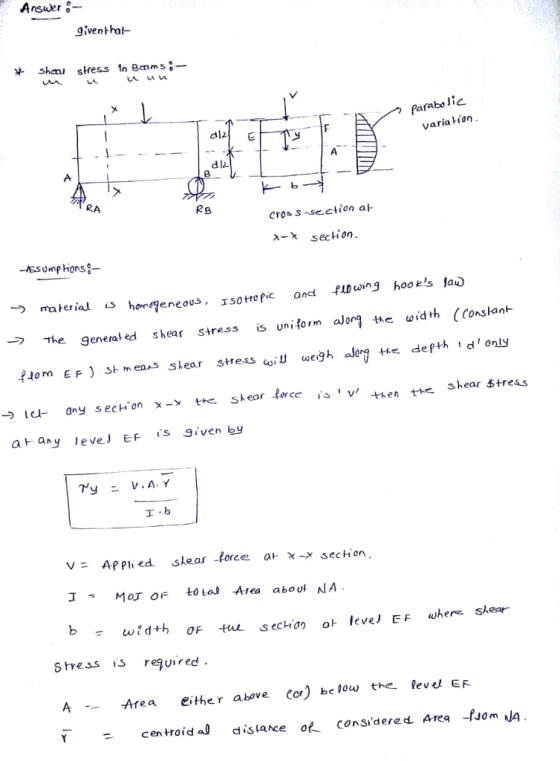 Answer :- given thal- # sheni stress in Beams; m u uun az parabolic variation py Hot- нь - cross-sectional *-* section. -ASSU