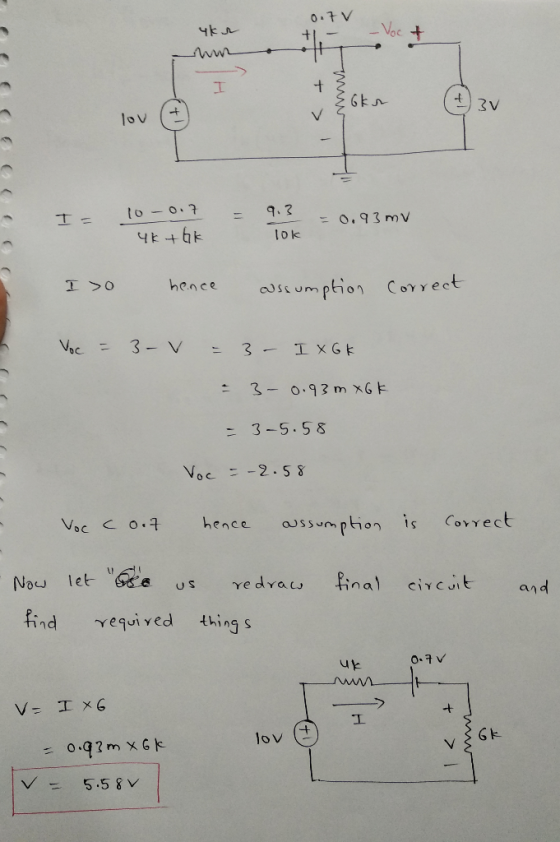 Voc lov ( 1) 3V 9.2 lo k Io hence - 3-5.58 Voc :-2.58 Vc 0.4 hence aussunption is Covect Nad let us vedvau final civcit and f