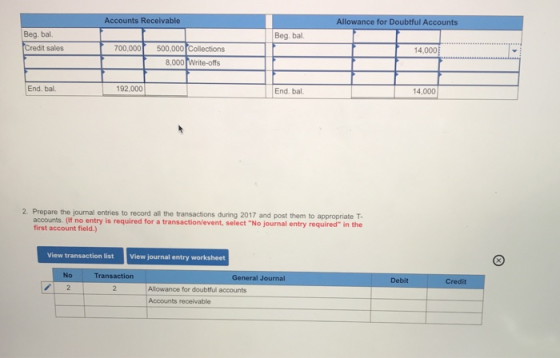 Accounts Receivable Allowance for Doubtful Accounts Beg. bal Beg. bal Credit sales 14.000 700,000 1 500,000 Collections 8,000