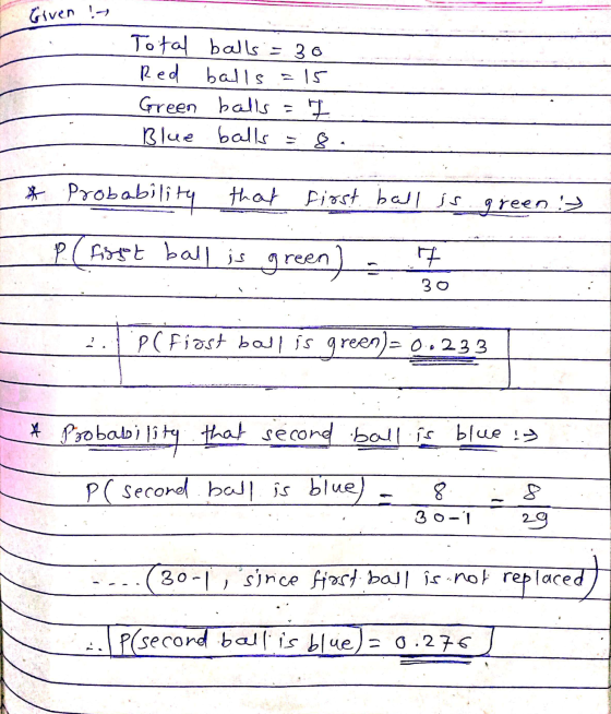 Given ! Total balls = 30 Red balls = 15 Green balls = I Blue balls green! * Probability that first ball is P. (fisst 7 ball i