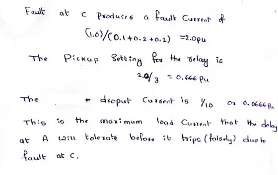 Fault at a produces a fault Current of (...)/(0.1 +0.2 +0.2) =2.opu The Pickup Setting for the delay is 2013 = 0.666 Pu The d