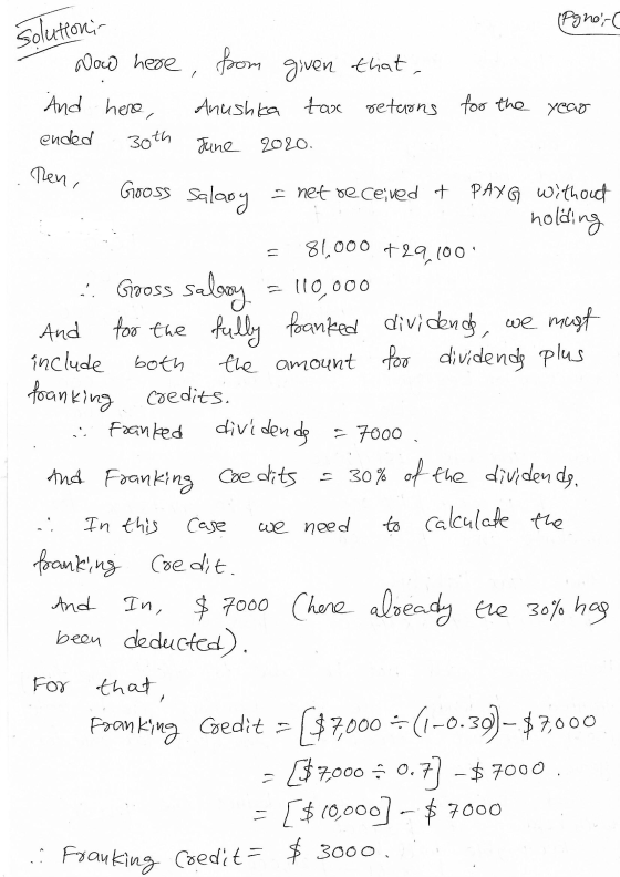 (Pgnoir ( solutioni Now here , from given that, And here Anushka tax returns for the year ended June 2020. 30th Then, Gooss s