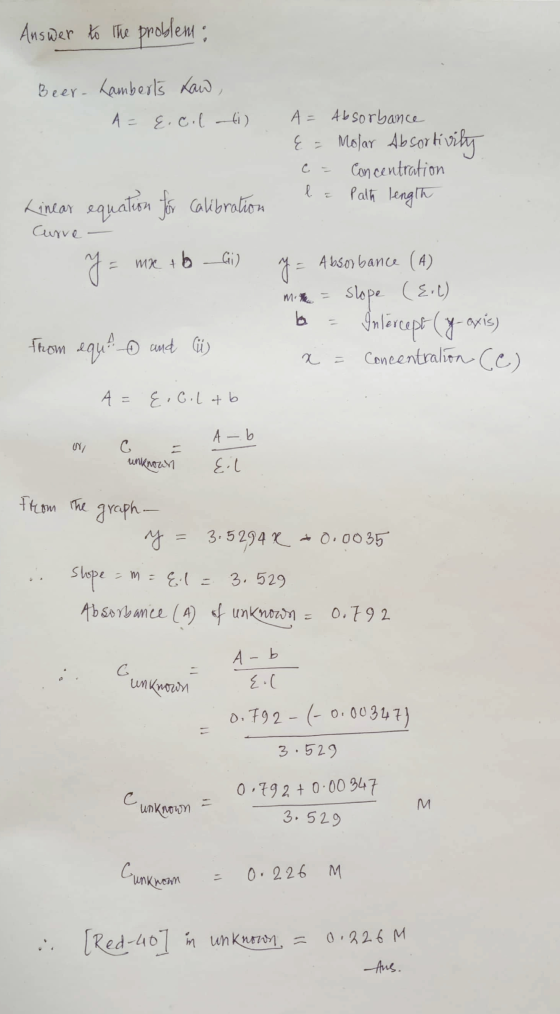 Answer to the problem: Beer- Lamberts Law A = E.col (1) A = Absorbance {=Molar Absortivity c = Concentration la Palth length