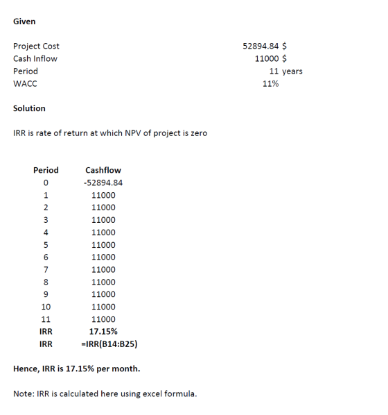 Given Project Cost Cash Inflow Period WACC 52894.84 $ 11000 $ 11 years 11% Solution IRR is rate of return at which NPV of pro