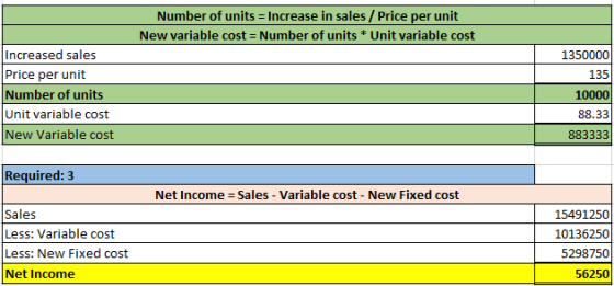 Number of units = Increase in sales / Price per unit New variable cost = Number of units * Unit variable cost Increased sales