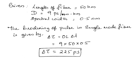 Crivers: Length of fiber = 50km D = aps/min. km - Spectral coidth = 0. 5mm The brodening of pulse in Sengle mode fiber is giv