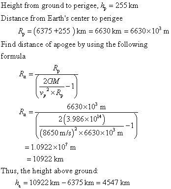 Height from ground to perigee, h, -255 km Distance from Earths center to perigee R (6375 +255 )km 6630 km 6630x103 m Find di