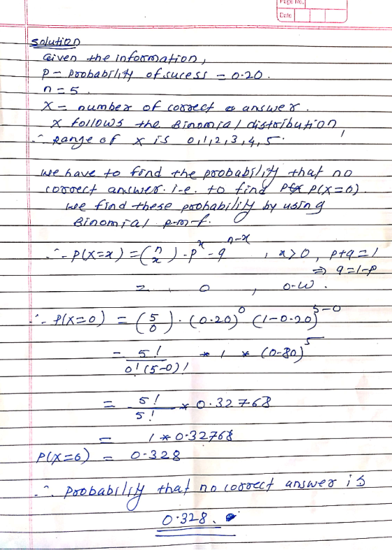 PEN, Date solution Given the information, pa probability of sucess - 0:20. in 25 X number of correcto answer. x follows the B