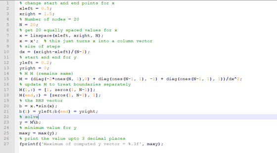 сл во оноо ооо л во он $ change start and end points for x xleft = 0.5; xright = 1.5; & Number of nodes = 20 N = 20; § get 20