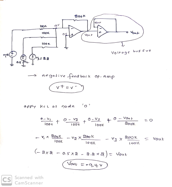 2ook vour 1001 OV 100K o vout Vour 100K Voirage bur fuo 3-2. 3 < 0.5 > negative feed back Op-Amp ( vt au- apply kol at node o