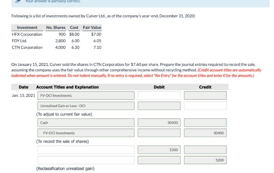 . Your answer is partially correct. Following is a list of investments owned by Culver Ltd., as of the companys year-end, De