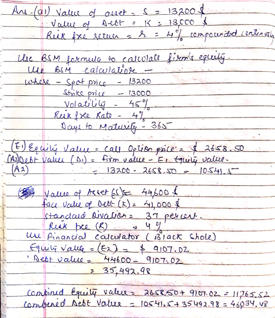 Ans-(a) Value of assets = 132001 Value ey Ardt = K 13,000 - Ruk fxe fetuar af: 4% compounded congrutie the BSM formula to cal