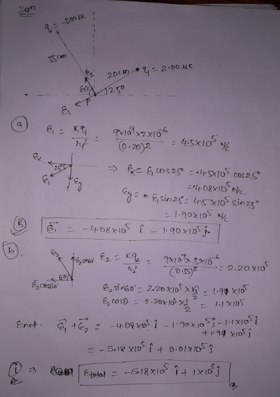 Son q = -3.00 uc 35cm 20cm oq = 2.00 ue 7250 <P &= KG rt 9x109x2x106 (0.2002 4.5x105 NYC BE » & & cos25 -4.5x105 cos 25 24.08