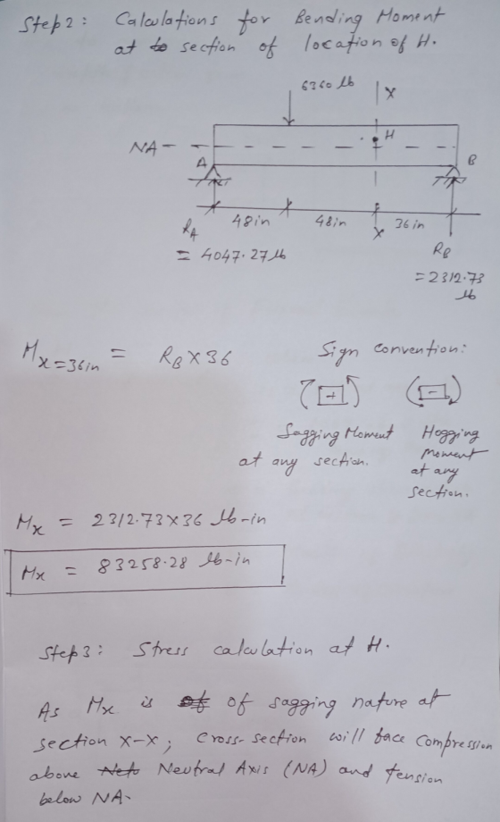 6360 lb { H - A RA 48in 36 in RB =2312:7 eb = above Neto Neutral Axis ENA) and tension Step2 = Calculations for Bending Momen
