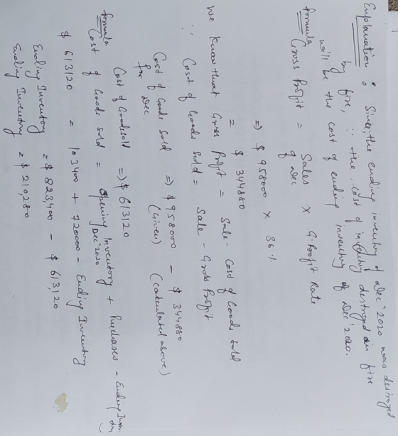 Enplanation : Since the ending inventory of Dec 2020 was destroyed by fire, the cost of in hentay destroyed as fire will be t