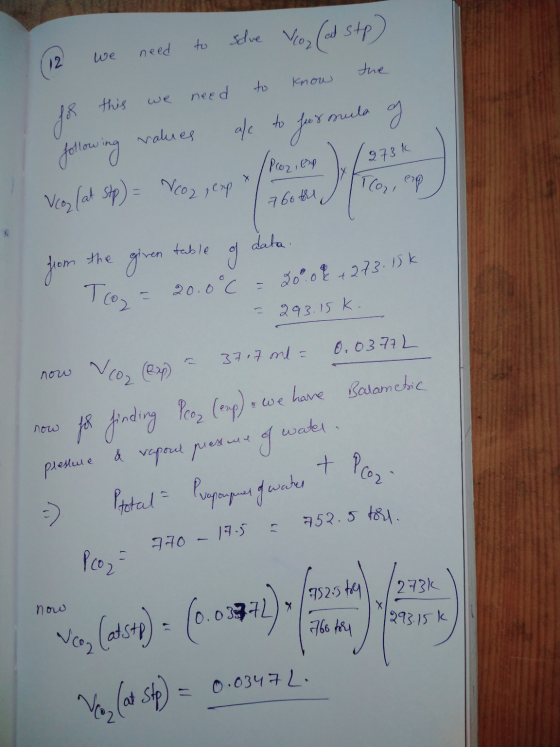 (12 we need to solve yo, (ed stp) for this we need to know the following values ale to formula of Por, ex 1/273k Vco (at stp)
