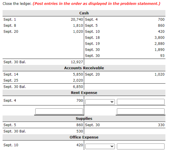 Close the ledger. (Post entries in the order as displayed in the problem statement.) 700 Sept. 1 Sept. 8 Sept. 20 860 420 3,8