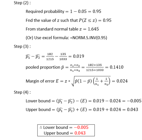 Step (2): Required probability = 1-0.05 = 0.95 End the value of z such that P(Z < z) = 0.95 From standard normal table z = 1.