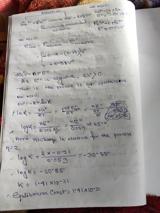Reduction we know Sn2+ +ReSn. 5° -0.14 Fette Fe2+ E O TAV Sn2+ + 2Fe2+ oxidation He now; Fon - Freduction - Ebaidation 014 -