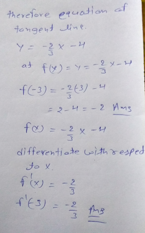therefore equation of tangent line. Y = -2x - 4 at f(x)=y=-2 X- f(-3) = -2(3) - 4 wlo - 2x-1 3 - 2-4=– 2 Ang f =- 2x - 4 3 di