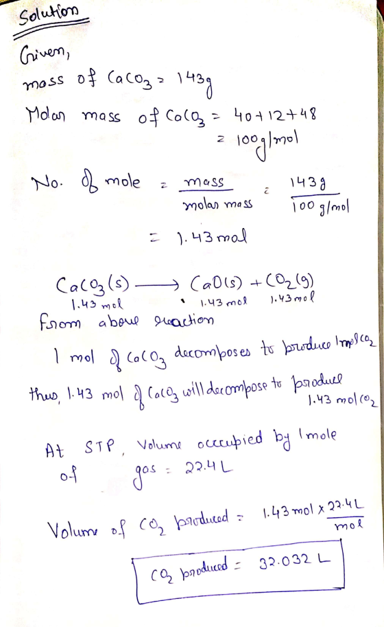 solution Criven, коѕѕ оf a сод? 1434 Molar mass of Colą= 40+12+48 z 100g/mol No. of mole z mass : 1439 molas mass - 100 g/mol