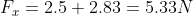 F_x = 2.5 + 2.83 = 5.33N