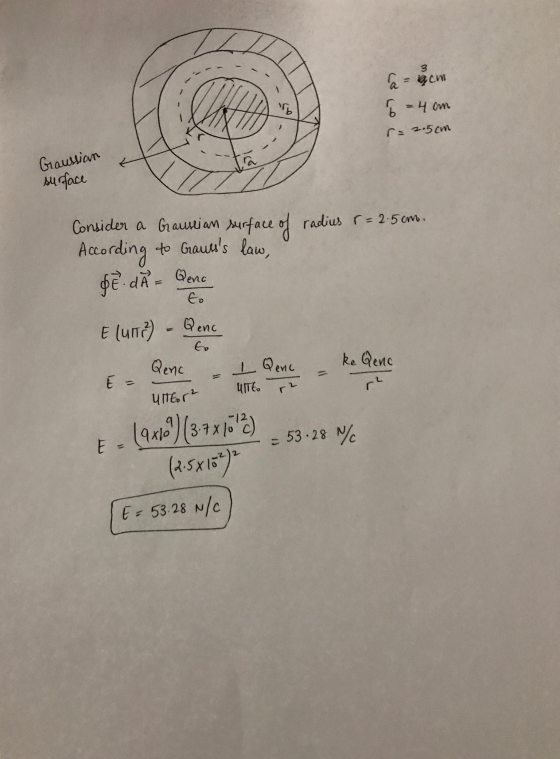 3 a = 4cm 6 = 4 cm r= 2.5cm Graussian surface Consider a Graurian surface of radius r = 2.5 cm. According to Grausss law, Se