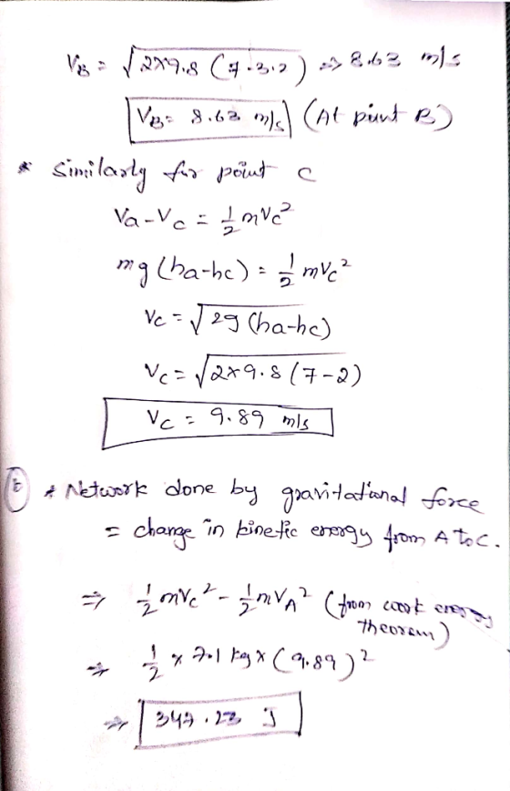 V = 1.297.8 64.212) 182, ).s Ver 8.62 m) (At punt e) & similarly for paint a Va-va = 1 m vc² mg Cha-be) - a mvc? Vc = J 29 (h