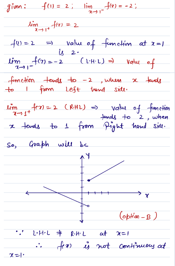 given : f(1) = 2; lim 271 f(x) = = -2; lim atit fra = 2 fW = 2 value of function at r=) is 2. (LH:2) = lim 2+1- f(7) - 2 val