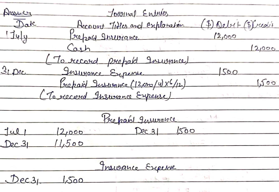 Answer Date I July (1) Debet (B fredte (2,000 12,000 Towinal Entules Account_Titles and Explanation Pacepaid Inuwiance Cash