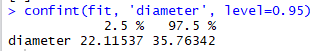 > confint (fit, diameter, level=0.95) 2.5 % 97.5 % diameter 22.11537 35.76342
