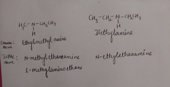 CH₂ - CH₂N-CH₂ CH₃ HC-N-CH₂ CH₃ Н Diethylamine Common Name Ethylmethyl anine IUPAC : N-methyl ethaneamine N-ethylethanamine N