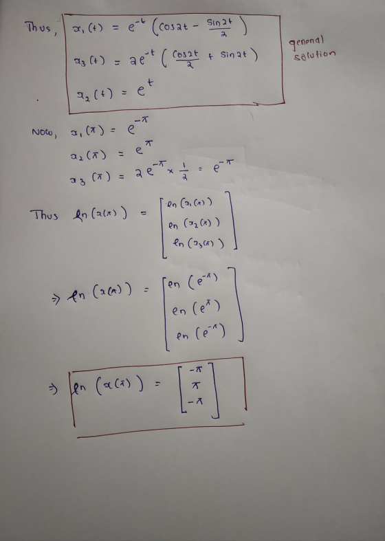 Thus, x, (t) = pt (cosat - Sinat , as (t) - ae* (cosat +Sigat) I general Solution NOU *, (*)=en az (a) = en az (a) = 26 x 7 =