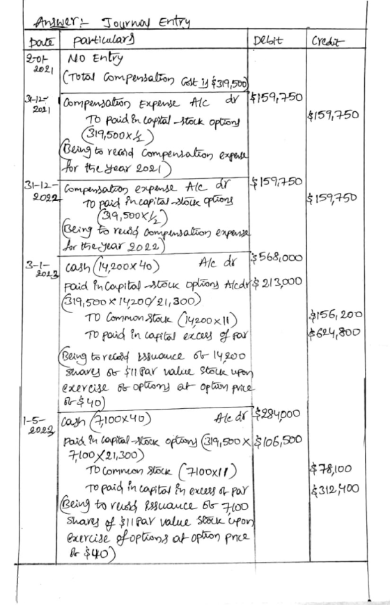 2021 34-12- 31-12-1 20221 Answer: Journay Entry pate particulars Debit Credit 2-ot no Entry (Total compensation cost is $319,