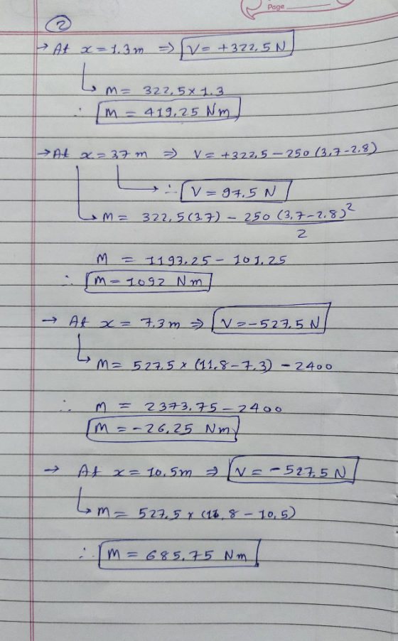 Page At x=1.3m [v=+322,5N) Le m= 322,5 x 1.3 [m - 419.25 Nm → At x=37 m ) Vz+322,5 - 250 (3,7-2,8) t (v=97,5NT Com= 322,5 (3.