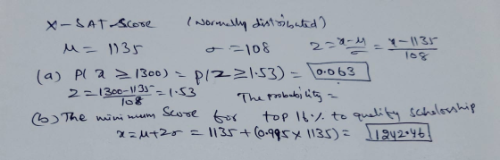 X-SAT Score (Normally distributed) u= 1735 o=108 220- - 1135 (a) Pla > 1300) = P1221:53) = 0.063 221300-135 = 1.53 The probab