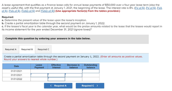 A lease agreement that qualifies as a finance lease calls for annual lease payments of $50,000 over a four-year lease term (a