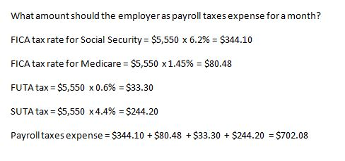 What amount should the employer as payroll taxes expense for a month? FICA tax rate for Social Security = $5,550 X 6.2% = $34
