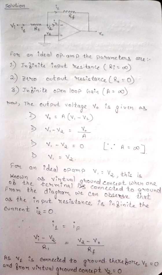 solution ic Rf V Ri V For an ideal op-amp the parameters are:- 1.) Infinite input resikance (Ri=0) 2.) zero output resistance