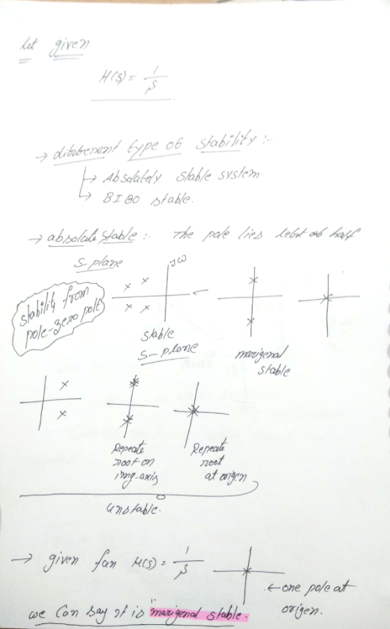 lut e H(S) = s + dibeberent type of stability :- tz Ab sealedy Slable system 4 BI BO stable. pole lies left af half absolute