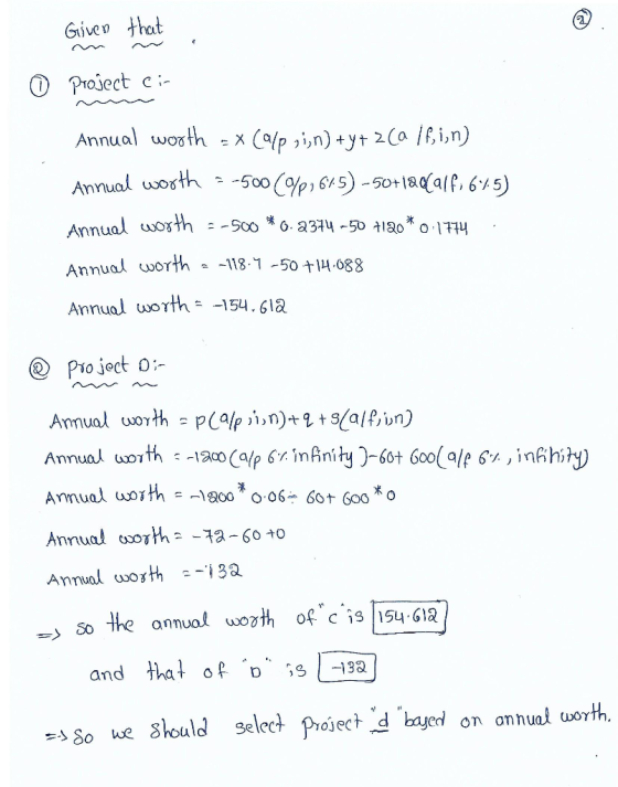 Given that O Project c- Annual worth x (/p in)+yt 2Ca /F,i,n) -500 (p 65)-50+1aalf, 65) Annual worth Annual woth =-S006.a374