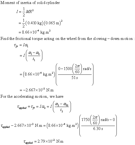 Moment of inertia of soli d cylinder (0.410 kg) (0.065 m) -8.66x104 kgm1 Find the frictional torque acting on the wheel from