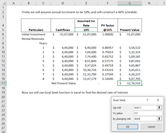 A B с D E F G H 1 2 Firstly we will assume annual increment to be 10%, and will construct a NPV schedule: w N Assumed Inc Rat