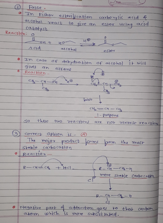 False . In Fisher esterification alcohol react to give an catalyst. Reaction: o carboxylic acid of ester using ara. ont Ho A