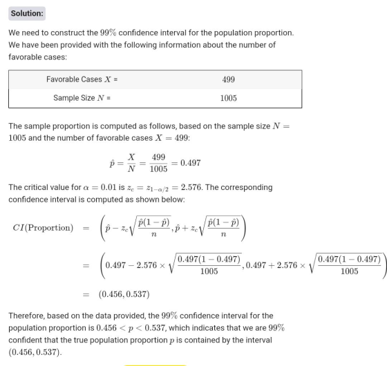 Solution: We need to construct the 99% confidence interval for the population proportion. We have been provided with the foll