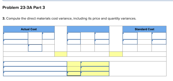 Problem 23-3A Part 3 3. Compute the direct materials cost variance, including its price and quantity variances. Actual Cost S