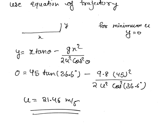 lese equation of trajectory ar for minimum u 920 n g= aetano- gn? 2u²cos? 02 45 tun (86.6°). au? co? (366) 9-8 (45J? u=21.46