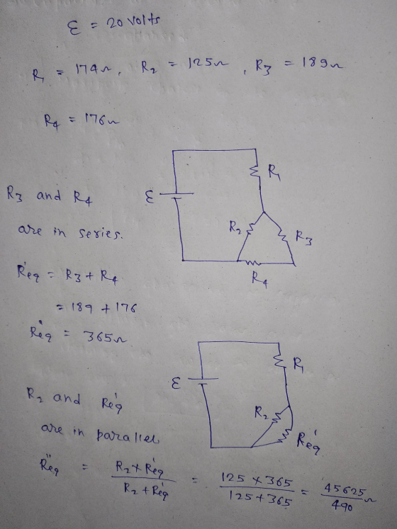 E = 20 volts 174^ R₂ = 1250 Rz = - 189n f Ro = 176u R Roz and Re E are in series. Raq 2 R₂ Rego - Rz + Re p4 189 + 176 Req 36