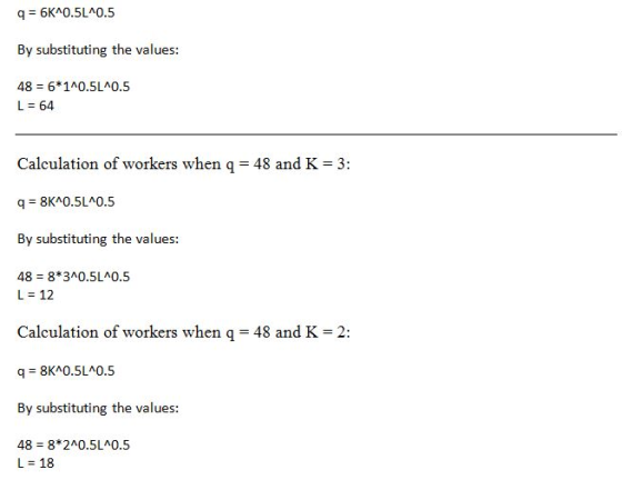 q = 6K^0.5L^0.5 By substituting the values: 48 = 6*1^0.5L^0.5 L = 64 Calculation of workers when q = 48 and K = 3: q = 8K^0.5